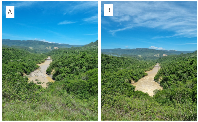 Figura: Nível do rio a jusante da barragem Norte, (A) antes da abertura e (B) após a abertura da comporta