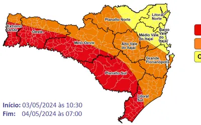 Atualização: Aviso Hidrometeorológico Especial SDC/SC 03/05 10:30 - Chuva intensa, volumosa e temporais entre a sexta-feira (03) e o sábado (04)